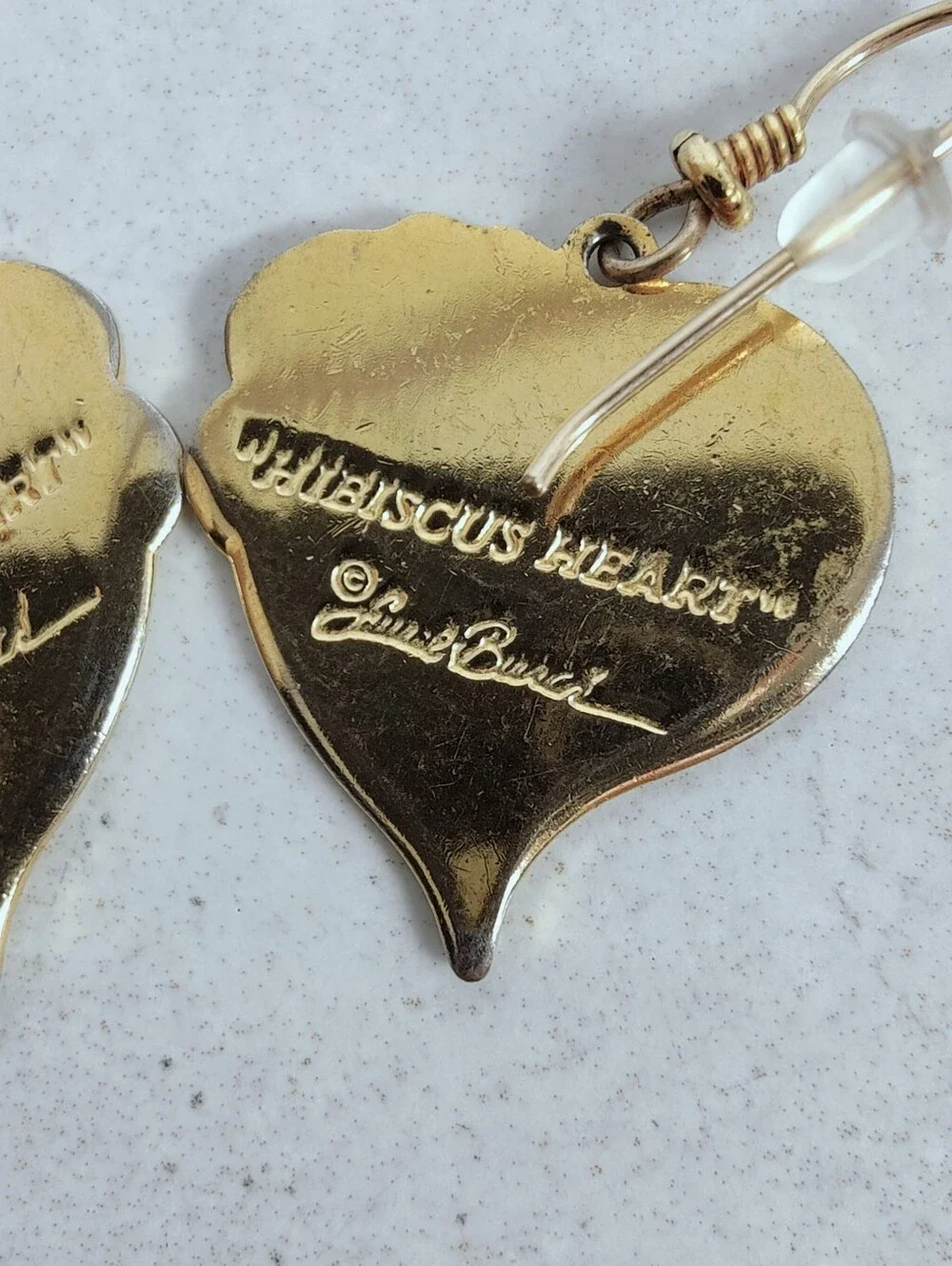 VTG 80s 90s Laurel Burch 'Hibiscus Heart' Enamel Gold Tone Dangle Earrings